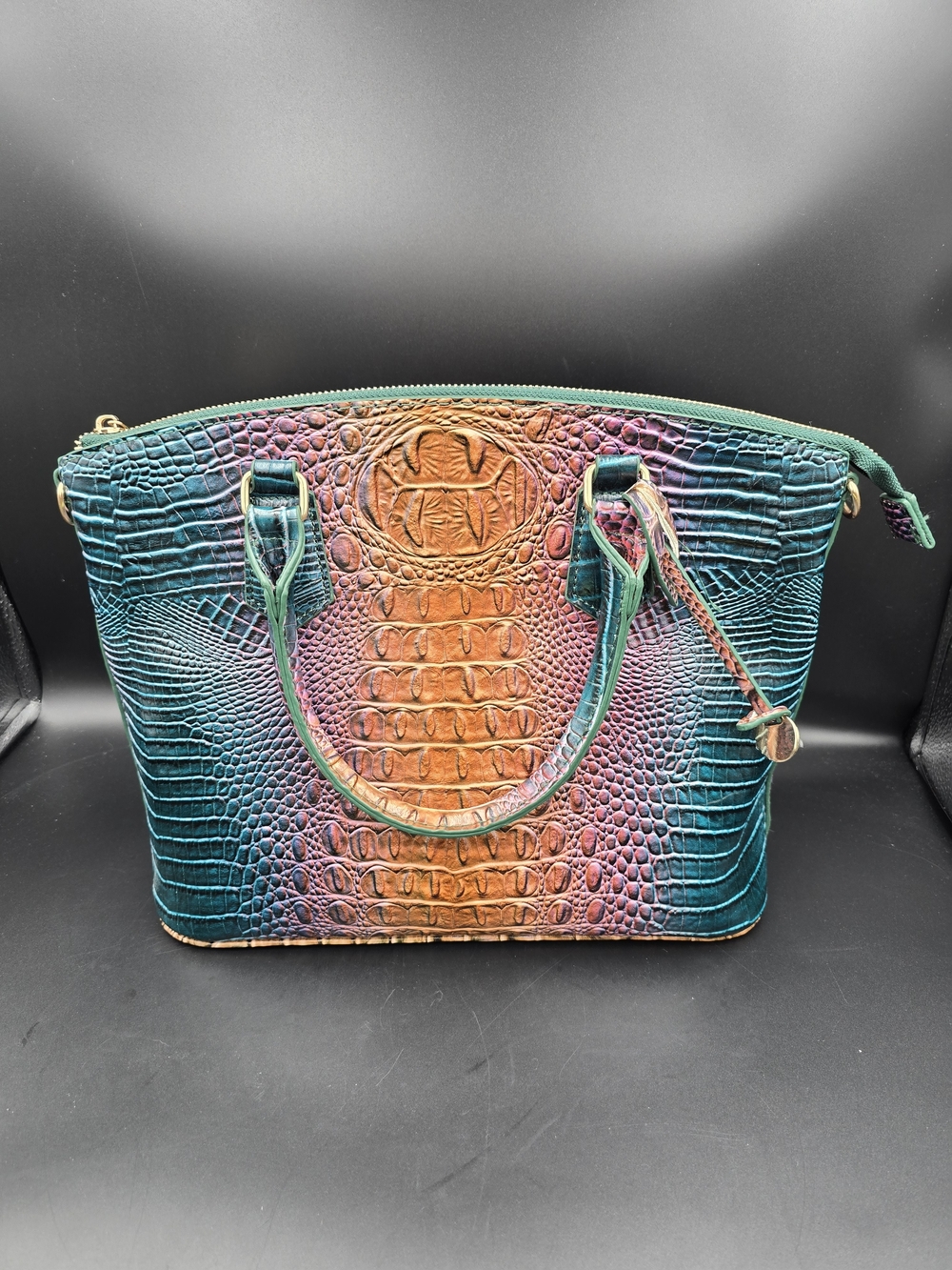 Multicolor Croco-Embossed Satchel Handbag - Teal, Orange & Pink